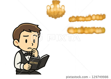 Illustration of a miniature male bartender reading a recipe book / Cocktail research / with central margin 129749986