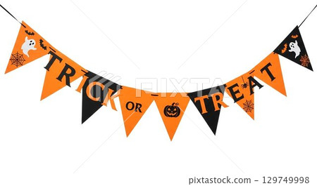 Halloween decoration featuring a vibrant trick or treat banner with ghosts and pumpkins 129749998