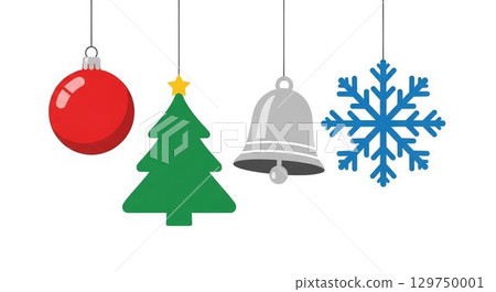 Colorful Christmas decorations hanging in a festive arrangement showcasing holiday symbols 129750001