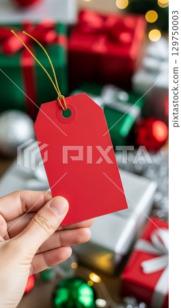 Bright red gift tag held in hand amid colorful wrapped presents for festive holiday celebrations 129750003