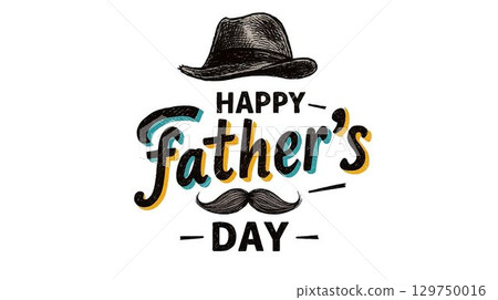 Creative Father's Day greeting design featuring a mustache and a cowboy hat in vibrant colors celebrating fatherhood and family moments 129750016