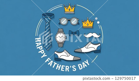 Creative design celebrating Father's Day with stylish accessories and messages on a blue background 129750017