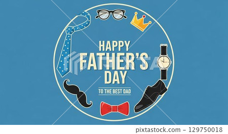 Happy Father's Day design featuring stylish accessories and a heartfelt message for dads on a blue background 129750018