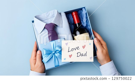 Thoughtful gift box for Father's Day including a shirt, tie, and wine presented on a light blue background 129750022