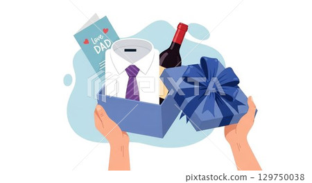 Gift for dad featuring a shirt, wine, and a heartfelt card in a festive blue box 129750038