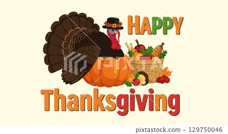 Festive Thanksgiving illustration featuring a turkey and autumn harvest elements in bright colors 129750046
