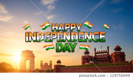 Celebrating Indian Independence Day with vibrant colors and flags at historic Red Fort during sunset 129750049