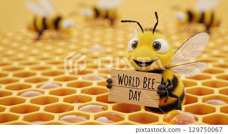 Cute cartoon bee holding a sign for World Bee Day in a honeycomb background with other bees 129750067