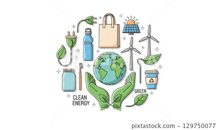 Promoting sustainability through clean energy, recycling, and eco-friendly practices in daily life 129750077