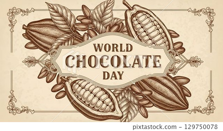 Celebrating World Chocolate Day with artistic cocoa illustrations and intricate details in a classic design style 129750078