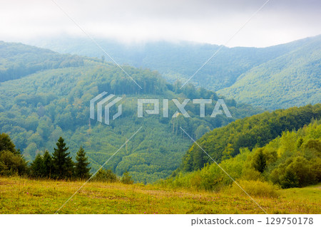 carpathian countryside landscape in autumn. grassy meadows and forested slopes on hills rolling off in to the distant valley. overcast rainy weather with grey clouds carpathian countryside landscape in autumn. grassy meadows and forested slopes on hills rolling off in to the distant valley. overcast rainy weather with grey clouds 129750178