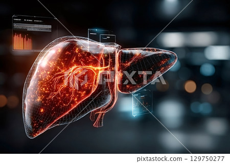 Futuristic liver scan displaying medical data analysis Futuristic liver scan displaying medical data analysis 129750277
