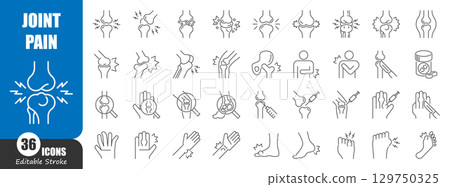 Joint pain thin line icon . Rheumatism concept . Editable stroke . Vector . 129750325