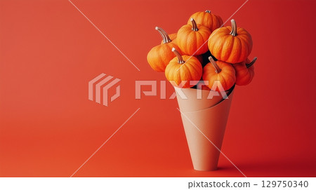 Pumpkin vegetable on brown paper grocery cone bag eco friendly package Pumpkin vegetable on brown paper grocery cone bag eco friendly package 129750340