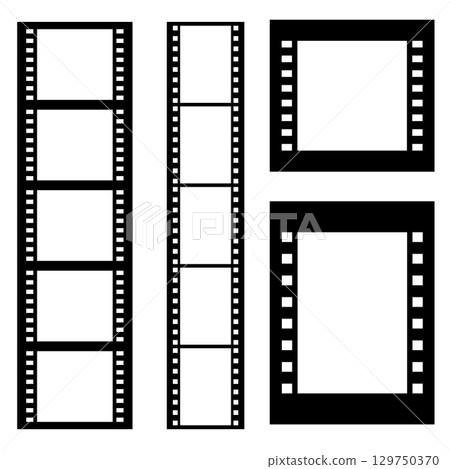 Set of film photo reel stripes, full shot reel element, analog photo frame template isolated on white, vector illustration flat. 129750370