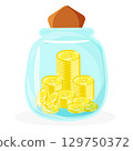 Vector illustration of glass jar bank with stack of golden coins inside. Savings for wish; inflation metaphor; resources for business and planning family budget. 129750372