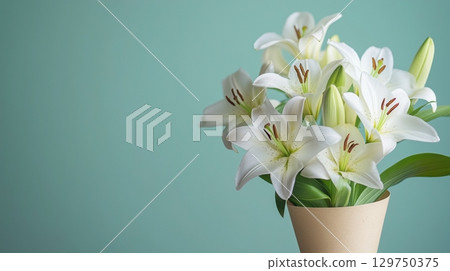 White lily on brown paper wrap bouquet eco friendly package solid background 129750375
