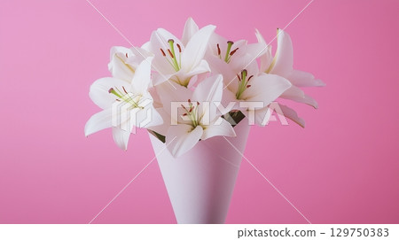 White lily on brown paper wrap bouquet eco friendly package solid background 129750383