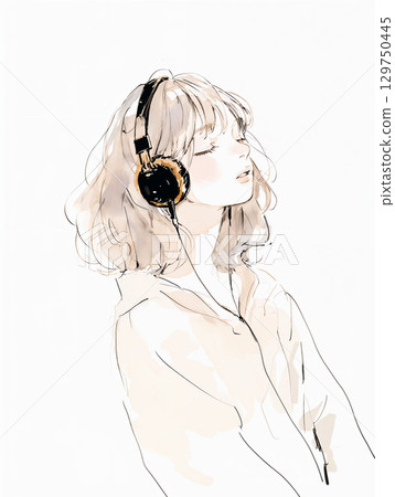 Watercolor illustration of a woman listening to music 129750445
