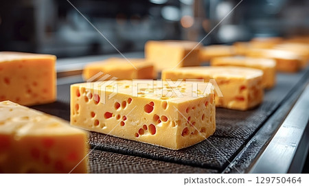 Cheese production line conveying freshly made cheese wedges 129750464