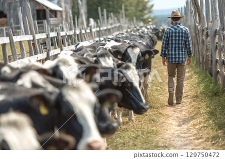 Farmer walking on path with cows following on farm 129750472
