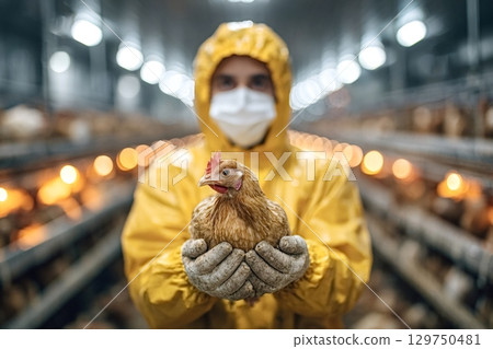Veterinarian holding chicken in poultry farm wearing hazmat suit 129750481