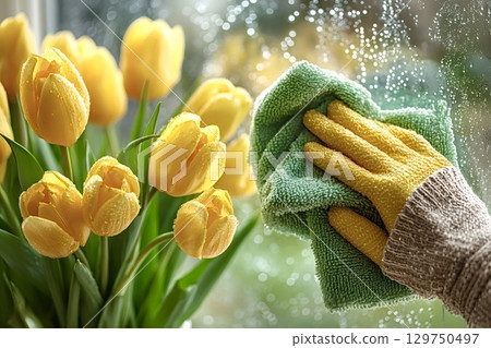 Housekeeper cleaning window with yellow tulips in foreground 129750497