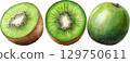 Two Kiwi Halves and Whole Kiwi Fruit 129750611