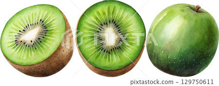 Two Kiwi Halves and Whole Kiwi Fruit 129750611