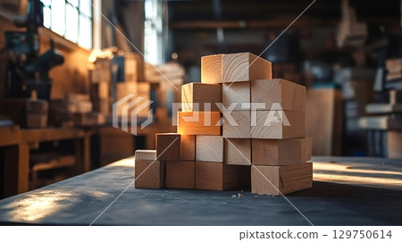 Wooden blocks forming an upward trend in a workshop 129750614