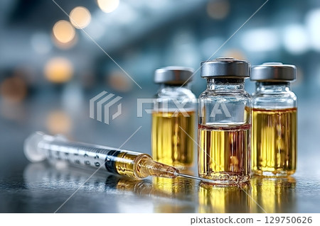 Syringe and vials containing yellow liquid are laying on a table 129750626