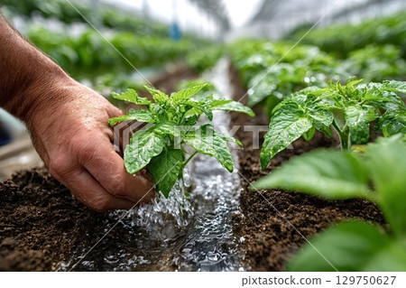 Farmer watering tomato seedlings in greenhouse using irrigation system 129750627