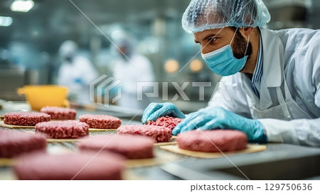 Food factory worker preparing hamburger patties on production line 129750636