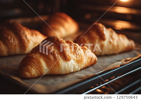 Freshly baked croissants cooling on baking sheet in oven 129750643
