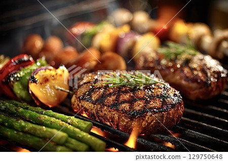 Grilled steaks and vegetable skewers cooking on barbecue grill 129750648