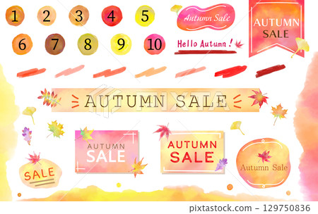水彩風格秋季銷售背景框架模板.向量插圖，手繪，可愛，傳單廣告。 129750836