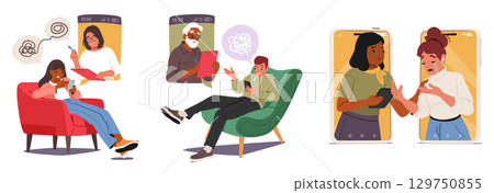 Diverse people characters experiencing online psychotherapy session isolated cartoon scene set 129750855