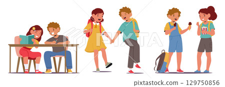 Happy schoolfriends walking to school, preparing homework, sharing snack during lessons break Happy schoolfriends walking to school, preparing homework, sharing snack during lessons break 129750856