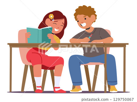 Excited school children doing homework together while sitting at table together isolated on white 129750867