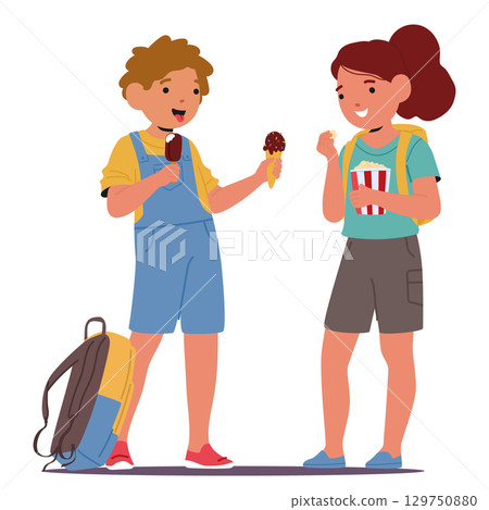 Happy school friends eating sweet ice-cream for refreshment and snack during lessons break 129750880