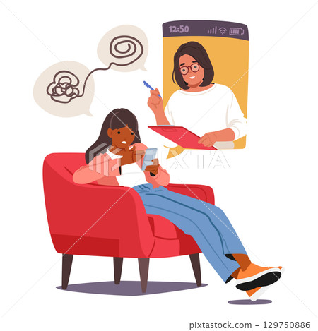 Irritated teenage girl having online therapy session with professional psychotherapist through phone 129750886