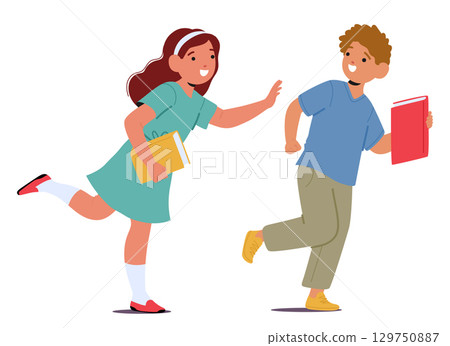 Happy smiling girl chasing boy, cute kids funny classmates playing together spending time on break 129750887