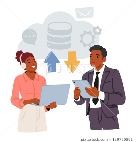 Businesspeople using cloud service for digital data exchange, downloading and uploading files scene 129750891