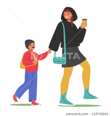 Happy mother and little son child cartoon characters wearing warm autumn clothes walking outdoors 129750892