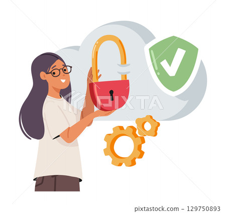 Young woman character using service of cloud technology for digital information data storage 129750893