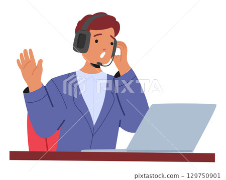 Man cartoon character assisting at online crisis hot line encouraging psychological support 129750901