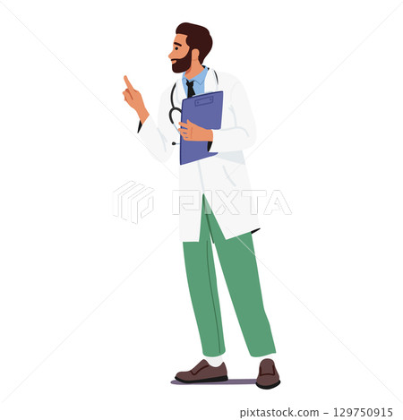 Man doctor isolated cartoon character wearing white coat uniform holding patient card clipboard 129750915