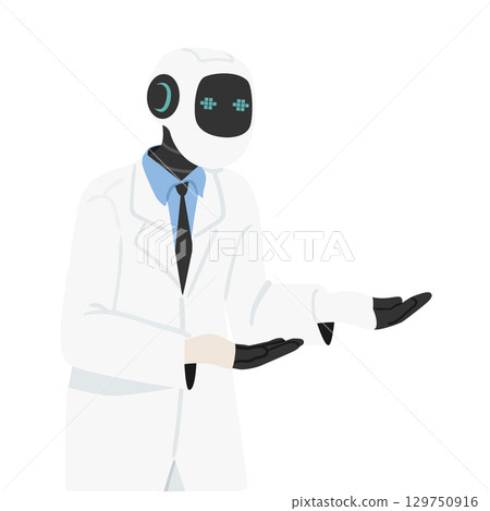 AI robotic consultant healthcare assistant in white lab coat offering medical help and treatment 129750916