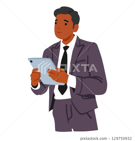 Businessman cartoon character wearing formal suit holding mobile tablet in hands isolated on white Businessman cartoon character wearing formal suit holding mobile tablet in hands isolated on white 129750932