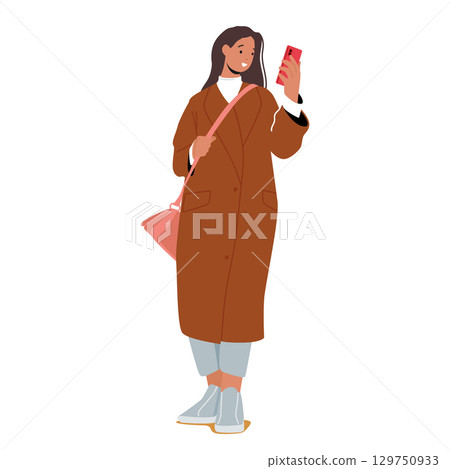 Pretty trendy fashion young woman cartoon character making selfie photo showcasing seasonal outfit 129750933